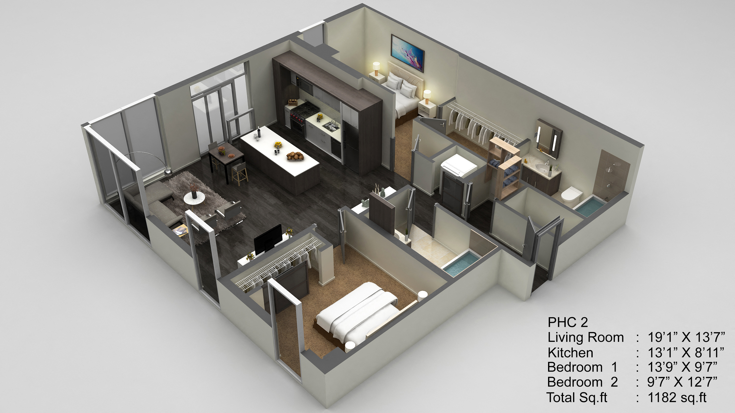 Floor plan for 2 beds, 2 baths, 1182 sqft